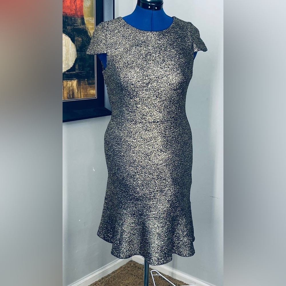 MICHAEL KORS‎ FOIL KNIT CAP SLEEVE DRESS~BLACK GOLD~Sz Medium Metallic Stretch